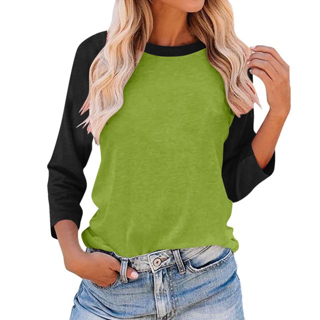 Plebaso Chemises à Manches 3/4 pour Femmes Col Rond Tops à Blocs de Couleur Décontractés Tee Blouses Amples pour Femmes