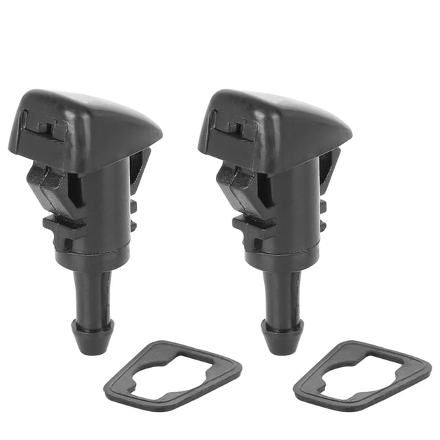 2pcs 5160308AA car windshield washer nozzle jet spray in black, designed for 2007-2012 Dodge Caliber. Made of durable plastic and rubber, these nozzles are a direct replacement for damaged or worn parts. Includes two nozzles and gaskets for easy installation. Dimensions: 21x16x43mm (LxWxH).