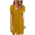thumbnail image 1 of QUYUON Robe Chemise pour Femme Été Col Rond Manches Courtes devant Boutonné Robe Mini Coupe Évasée Couleur Unie Robes Décontractées Plissée Ligne A Robe de Plage Style A-212, 1 of 5