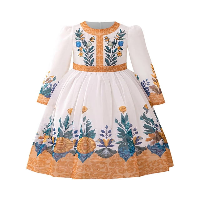 Summer Party Dress Muslim Baby Print Banquet Princess Round Neck Long Sleeve