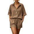 thumbnail image 3 of Cutuo Two Piece Sets for Women Summer Matching Sets, Solid Color Collared V Neck Short Sleeve Button Down Shirt Top and Drawstring Waist Shorts Casual Outfits, 3 of 9