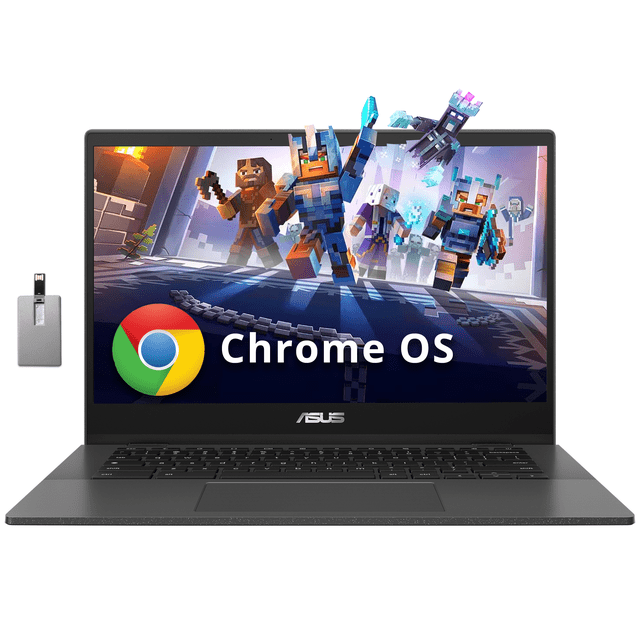 ASUS Chromebook CM1402 Portable 14 Pouces FHD Antireflet en Gris Gravité, Doté d'Un Processeur MediaTek Kompanio 520, de 4 Go de RAM LPDDR4X et de 64 Go de Stockage eMMC. l'Ordinateur Portable Comprend une Caméra Web HD, Wi‐Fi 6, Bluetooth et s'Exécute sur Chrome OS. l'Écran Affiche des Graphiques Vibrants avec une image à Thème Minecraft. Carte USB Hotface Bonus 128 Go Incluse.