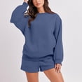 thumbnail image 2 of Ensemble de Survêtement pour Femmes avec Shorts, Tenue 2 Pcs pour Femmes pour l'Automne, Chandails à Manches Longues Décontractés Surdimensionnés à Col Ras du Cou, Shorts à Taille Élastique, Ensembles Assortis Bleu Marine, 2 of 7