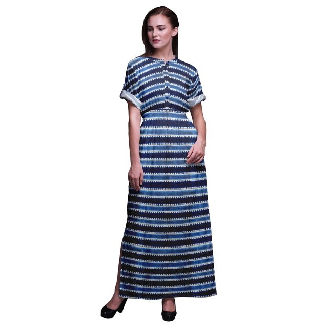 Bimba Robe Longue à Rayures en Rayonne Shibori pour Femmes, Robe de Plage Boho, Cocktail, Fête, Maxi, Fendue, Très Petite