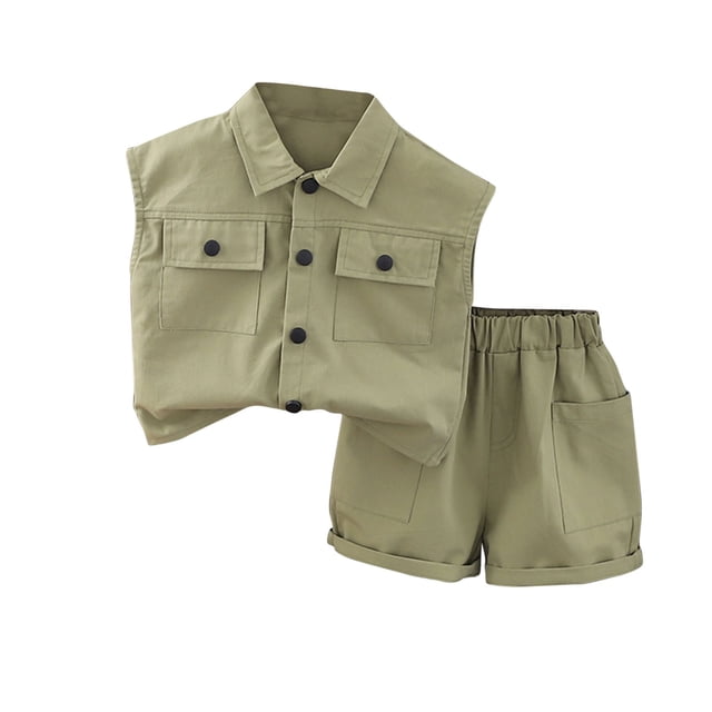 Penkiiy Mode Garçons T-Shirts Décontractés à Manches Courtes Col Rond Col Bouton Ensembles de Shorts Imprimés 2 Ans Vert