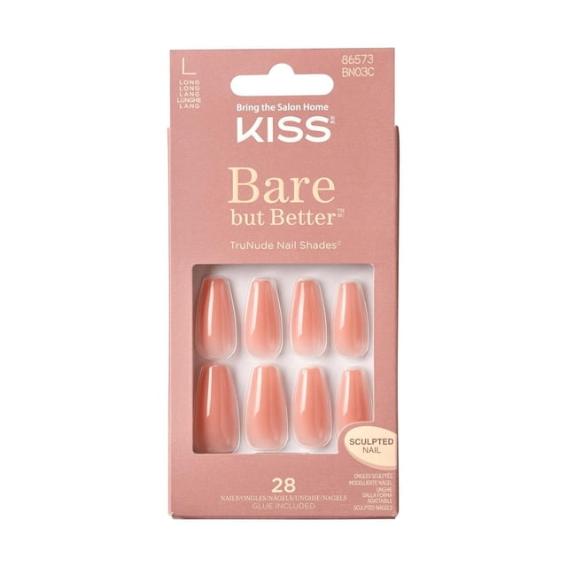 KISS Bare but Better Nails - Fake Nail, 28 Count, Short, packaged in a pink box with a clear window displaying eight nude-toned, sculpted gel nails, featuring TruNude shades for a natural look, with included glue and manicure stick for easy at-home application.