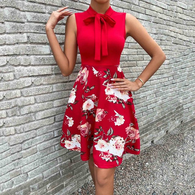 HKEJIAOI Robe Fleurie pour Femmes Robe d'Anniversaire Mode pour Femmes Col Rond Sans Manches Taille Haute Imprimée avec Nœud Robe Trapèze Économies Liquidation Rouge