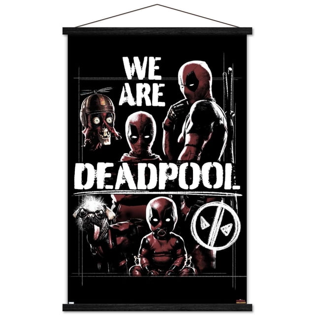 Marvel Deadpool & Wolverine - Affiche Murale « We Are Deadpool » avec Cadre Magnétique, 22,375 Po x 34 Po Mettant en Vedette Quatre Personnages Deadpool en Costumes Rouge et Noir sur Fond Noir avec Texte Blanc Usé « We Are Deadpool » et un logo Deadpool, Imprimée sur Papier Lustré avec Cadre en Bois Magnétique, Convient à une Déco Murale Audacieuse dans les Chambres, Bureaux Ou Dortoirs.