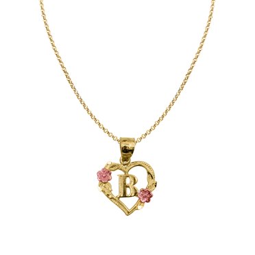 Precious Stars 14K Two-Tone Gold Flower and Heart-Shaped Initial 'B' Pendant with 16" Chain Necklace