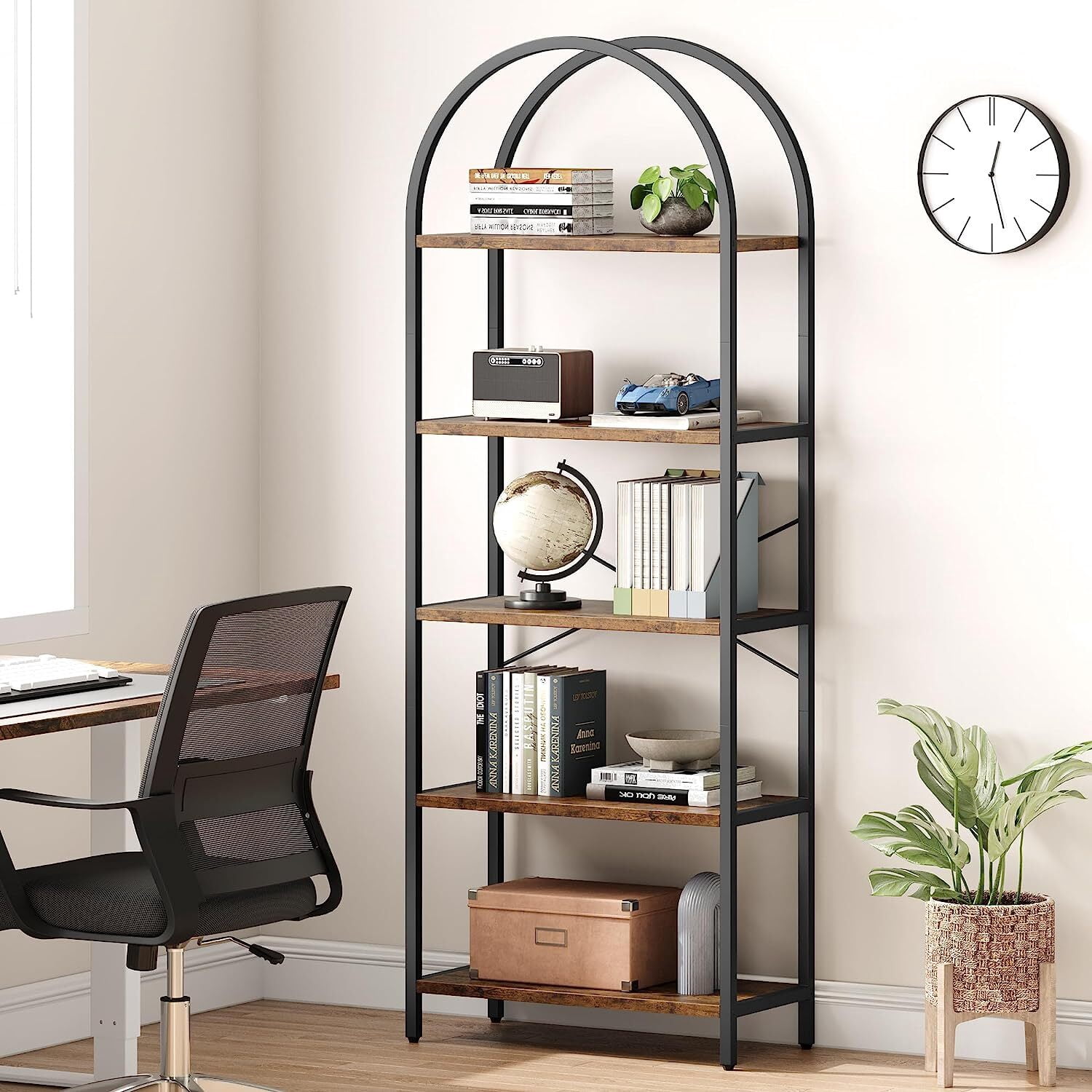 Ourlova Bookshelf 5 Tier Bookcase Arched Display Racks Tall Standing Bookshelves Mental Frame Rustic Storage Rack Shelf Brown Book Shelf