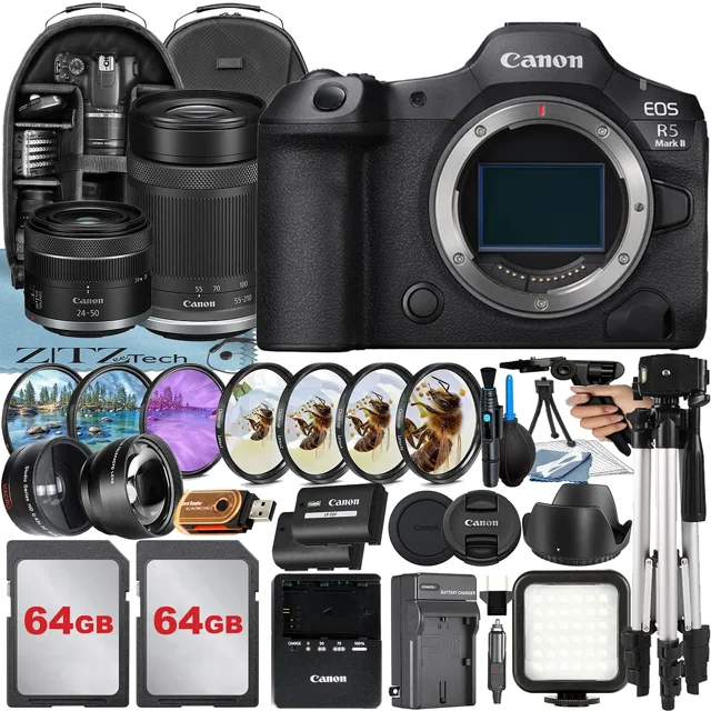 Canon EOS R5 Mark II Mirrorless Camera with RF 24-50mm + RF-S 55-210mm Lens + Wideangle + 2 Pack 64GB Memory Card + Backpack + LED Flash + ZeeTech Accessory