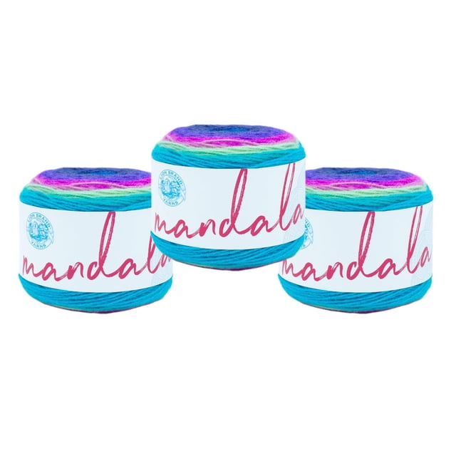 Lion Brand Mandala Yarn - Hudson Bay 3 Pack with three acrylic light weight self-striping yarn balls in jewel tones of blue, purple, pink, and green, arranged side by side on a white background, suitable for crocheting scarves, shawls, or hats.
