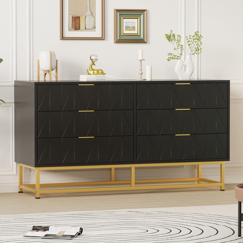6 Drawer Dresser with Wide Storage, Modern Wood Chest with Metal Legs for Bedroom, Living Room & Hallway