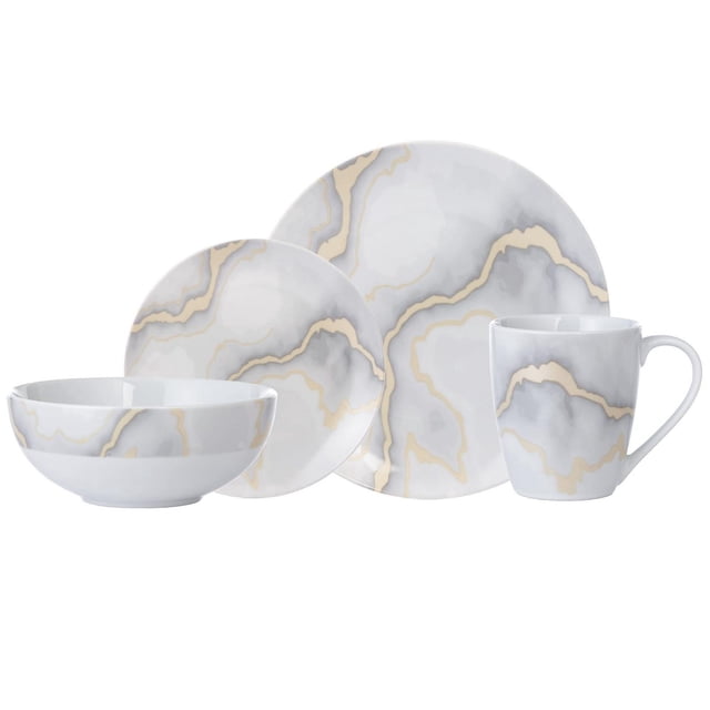Safdie & Co. Dinnerset 16PC Electric Marble featuring a 16-piece porcelain dinnerware set in a grey electric marble design. Includes four 11-inch dinner plates, four 8-inch salad plates, four 6.75-inch bowls, and four 355ml mugs. Lightweight, dishwasher safe, and microwave safe, this set is ideal for casual meals or special occasions.