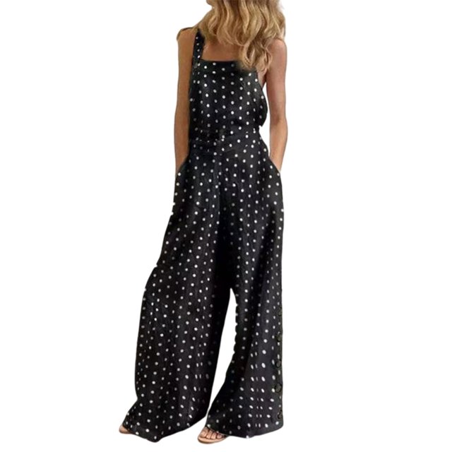 Innerwin Combinaison Longue à Imprimé Floral pour Femme, Pantalon à Jambe Grand d'Été Sans Manches, Ample, une Pièce, Noir à Pois, 4TG