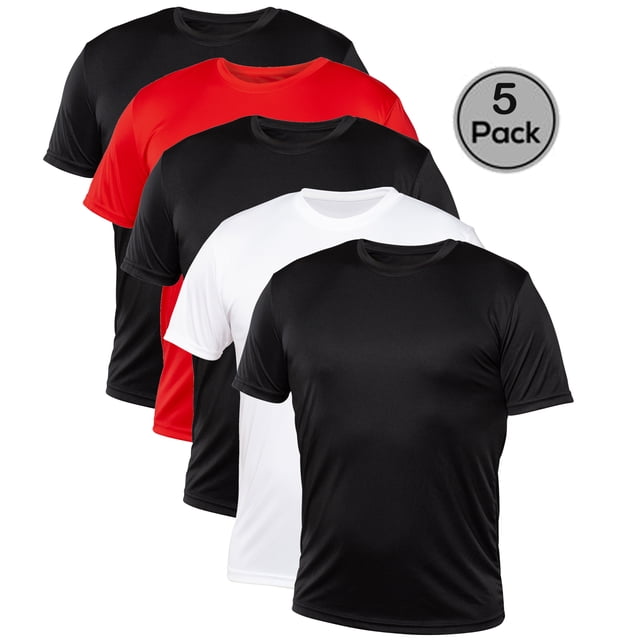 Blank Activewear Lot de 5 T-Shirts pour Hommes Faits de Tissu de Performance à Séchage Rapide 100 %. Comprend des Chandails à Manches Courtes à Col Rond en Noir, Rouge et Blanc. Conçus avec une Technologie Qui Évacue l'Humidité, Respirante et Anti-Accrocs pour le Confort Lors d'Activités comme la Course, les Entraînements et les sports. Chaque Chandail Présente des Manches à Double Aiguille, une Étiquette Amovible et des Coutures d'Épaule Renforcées pour la Durabilité. Tissu Léger d'Un Poids de 140 G/m2 (4 oz).