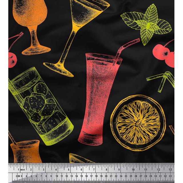 Soimoi Black polyester Crepe Fabric Lemon Slice & Soft Drinks Summer Designs Printed Fabric 1 Yard 52 Inch Wide