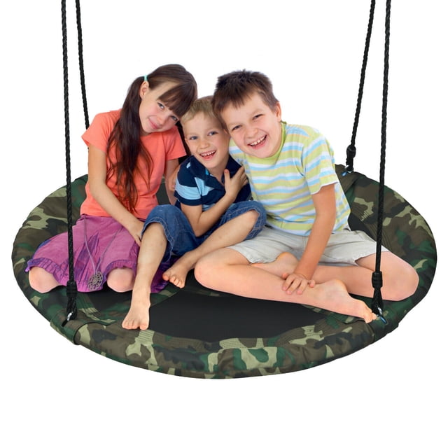 Gymax 40'' Flying Saucer Tree Swing Outdoor Play Set in camouflage green, designed for outdoor play. Features a 40-inch round swing made of durable 600D Oxford fabric and steel construction. Adjustable ropes allow height customization from 40'' to 63''. Supports up to 330 lbs, accommodating multiple children. Suitable for backyard, park, or tree installation. Part of swing set accessories category.