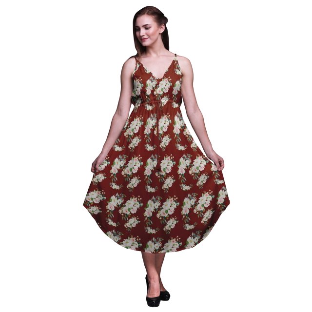 Bimba Robe à Imprimé Floral pour Femme, Bretelles Spaghetti, Col en V, Midi, Tenue de Plage - XX-Grand