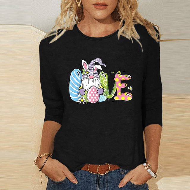 Xihbxyly Hauts Grande Taille pour Femmes Manches 3/4 T-shirt Imprimé Col Rond de Pâques Manches 3/4 Chandail Col Rond Cadeau de Vacances