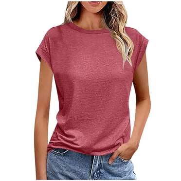 Women's Plain T-shirts Summer Crewneck Cap Sleeve Tops Solid Color Polyester Casual Basic Tee Shirts (2XL, Red)