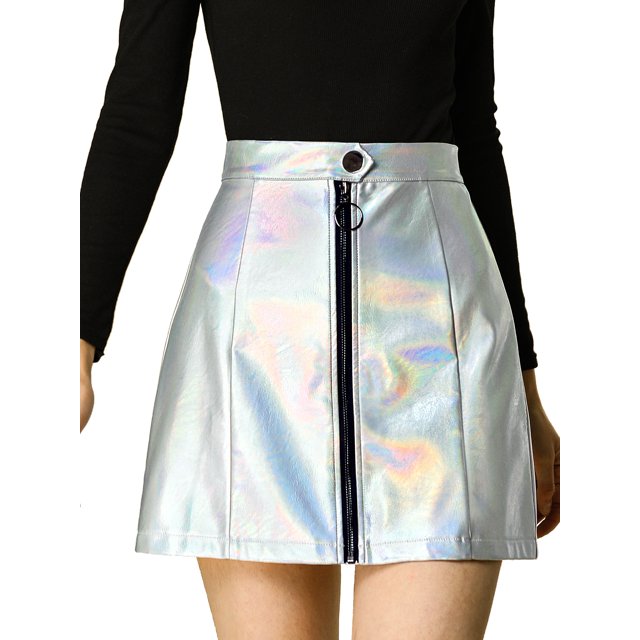 Unique Bargains Jupe Courte Mini Holographique Taille Haute à Fermeture Éclair Métallique devant pour Femme