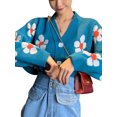 thumbnail image 4 of Kmbangi Women Loose Knitwear, Flower Pattern Long Sleeve V-neck Button Down Cardigan, 4 of 5