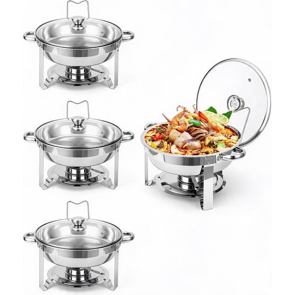 Plats Anti-Frottement pour Buffet, Lot de 4, Réchauds Alimentaires en Acier Inoxydable de 5 QT avec Couvercle en Verre, Réchaud Rond pour Traiteur pour Fêtes, Mariage, Camping, Souper