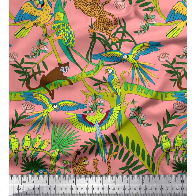 Soimoi Polyester Crepe Fabric Branches,Parrot & Leopard Jungle Printed Fabric 1 Yard 42 Inch Wide