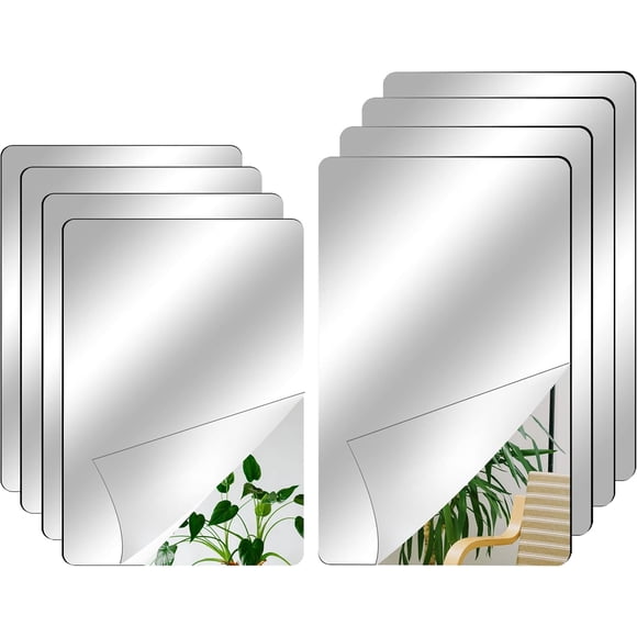 8 Pack Self Adhesive Acrylic Mirror, 2 Size Flexible Plastic Mirror Sheets Wall Stickers, Square Non-Glass Mirror Tiles Frameless Mirror Wall Mirror for Home Bathroom Bedroom Wall Décor