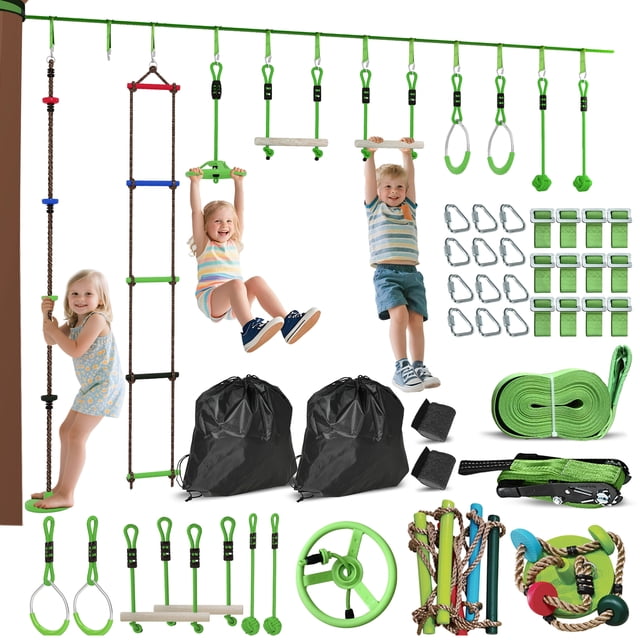 Qaba Parcours d'Obstacles 10 Pcs pour Enfants, avec 2 Barres de Singe, 2 Anneaux de Gym