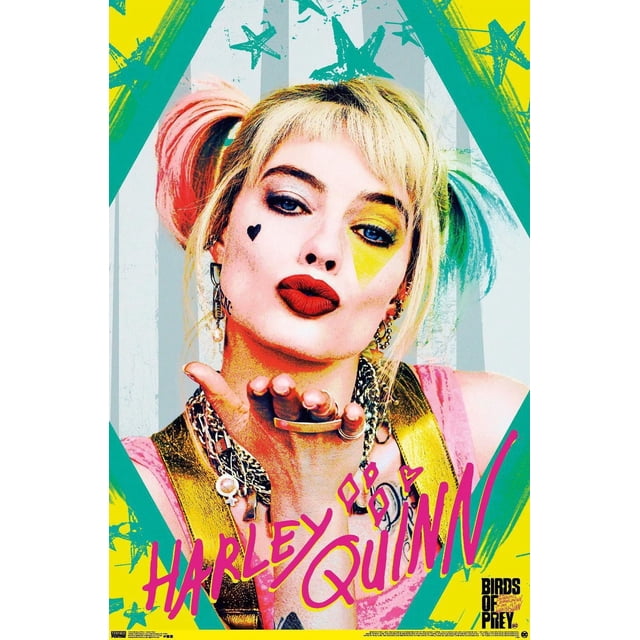 DC Comics Film - Oiseaux de Proie - Harley Quinn - Affiche Murale Kiss, 22,375 Pouces x 34 Pouces, Représentant Harley Quinn aux Cheveux Blonds en Tringles Roses et Bleues, Chaînes Superposées et Haut Rose, Soufflant un Baiser sur un Fond Jaune et Sarcelle à Motif d'Étoiles avec Texte Audacieux Rose « Harley Quinn » et le logo « Birds of Prey », Convient pour une Oeuvre Murale Vibrante Ou une Décoration de Fête.