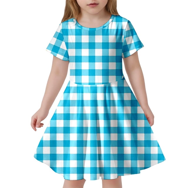 LUOGENLI Robe Mode pour Enfants à Carreaux Ajustée à Manches Courtes (6 14 Ans) Robe Maxi pour Filles Été Lin Bleu Ciel 8-9 Ans