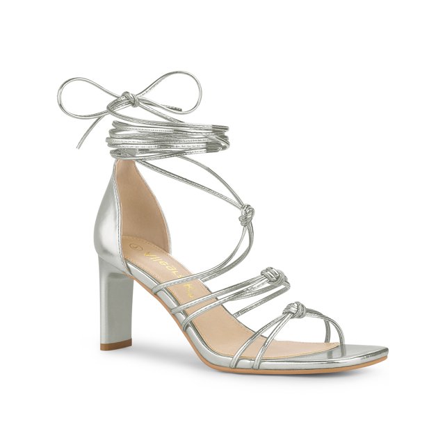 BLISSFUL STEP Sandales à Talons Hauts Blocs à Lacets à Brides pour Femmes Argent 8