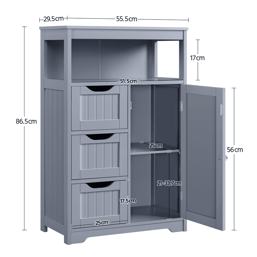 FullFurnique armoire plancher de salle de bain MDF organisateur de rangement en bois avec tiroirs, gris