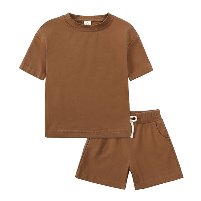 MIASHUI Boys Summer Tracksuit Outfits Solid Color Short Sleeve Shirts Shorts Outfits,Brown,1-2 Years