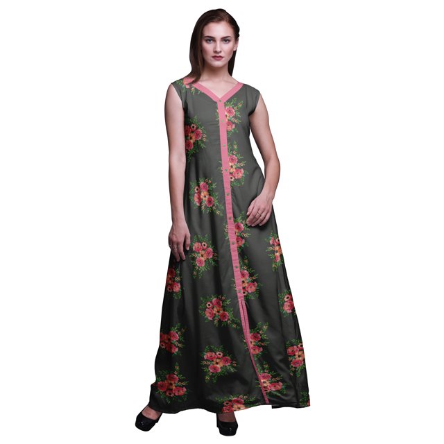 Bimba Floral Printed Front Slit Sleeveless Summer Spring Long Women BeachDress-Small