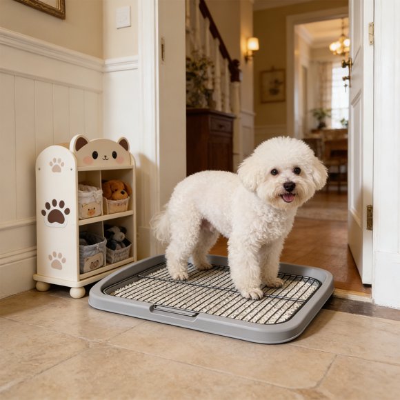 Dog Potty Tray for Small & Medium Dogs, Indoor Pet Litter Box with Removable Mesh Grate, Splash-Proof Design for Apartment and Balcony, Portable Puppy Training Pad Holder, 19x15"
