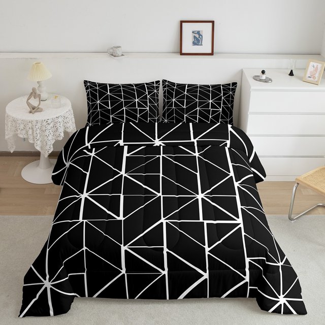 Erosebridal Modern Abstract Artwork Bedding Sets Queen with Comforter, Black and White Duvet Insert, Geometry Triangle Room Decor Microfiber 3pcs