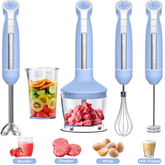 LINKChef Mélangeur à Immersion, 20 Vitesses 1000 W 5-en-1 Mélangeur à Main à Immersion, Mélangeur à Bâton avec Mode Turbo, Robot pour Aliments pour Bébé avec Hachoir, Mélangeur pour la Cuisine avec Bécher de 600 ml (Bleu)