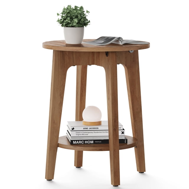 VASAGLE Round Side Table with Lower Shelf, End Table for Small Spaces, Nightstand for Living Room, Bedroom, Rustic Walnut Centered front-facing round side table with rustic walnut tabletop and lower shelf, angled legs, particleboard build, compact 15.8" dia x 19.7" H (40 x 50 cm), two-tier storage for a lamp, books or decorative pieces; often used as a plant stand or bedside table.