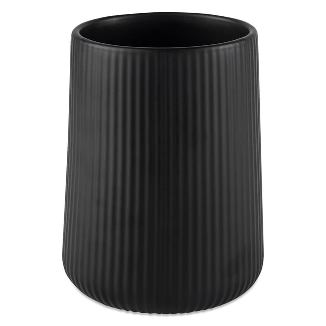 Thyme & Table Ceramic Ribbed Kitchen Utensil Holder in black, featuring a cylindrical shape with vertical ribbed texture and durable ceramic construction, ideal for kitchen organization and countertop utensil storage, also often used for holding pens or craft tools.