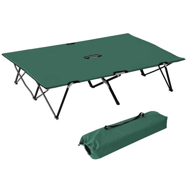 Outsunny 76" Two Person Folding Camping Cot with Carrying Bag in green. The cot features a durable steel frame and 600D Oxford fabric, designed to support up to 300 lbs. It is elevated off the ground for comfort and airflow, and folds compactly into the included green carrying bag for easy transport. Dimensions are 76" L x 49.2" W x 15.7" H when open and 38.2" L x 5.9" W x 9.8" H when folded.
