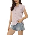 thumbnail image 4 of INSPIRE CHIC Women's Point Collar Short Cap Sleeves Plaids Button Down Shirt XS Pinks, 4 of 6