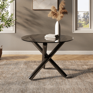 Placida Decor Opus Round Dining Table – Black Glass Top with Metal Legs, Modern Dining Room & Kitchen Table, 39.5”