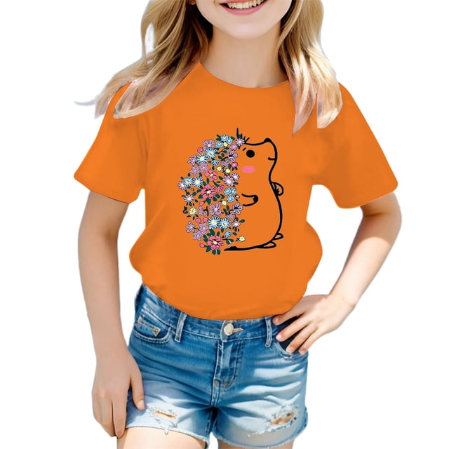 PMVFHDE Hauts pour Filles T-Shirts pour Filles T-Shirts Graphiques T-Shirts pour Fille Hauts d'Été Tendance pour Filles Hauts d'Été pour Fille T-Shirt Graphique Mignon pour Fille Col Rond Manches Courtes T-Shirt d'Été Orange, 9-10 Ans