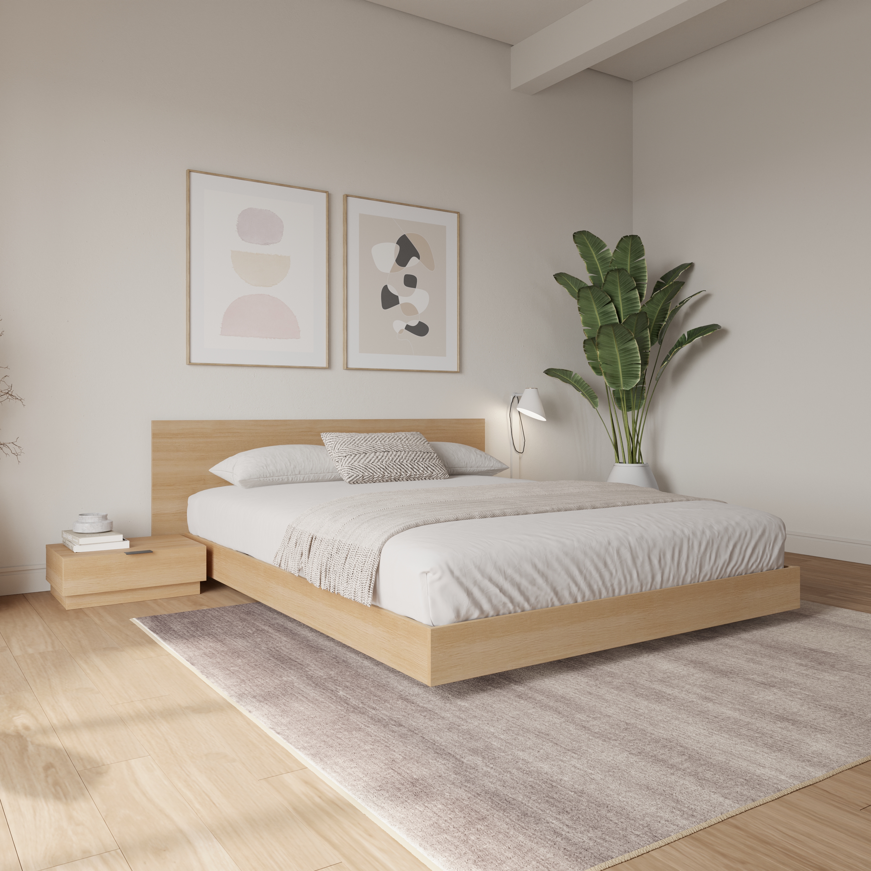 Ensemble de chambre à coucher Satori 4 pièces avec plateforme basse et lit queen en chêne blond naturel