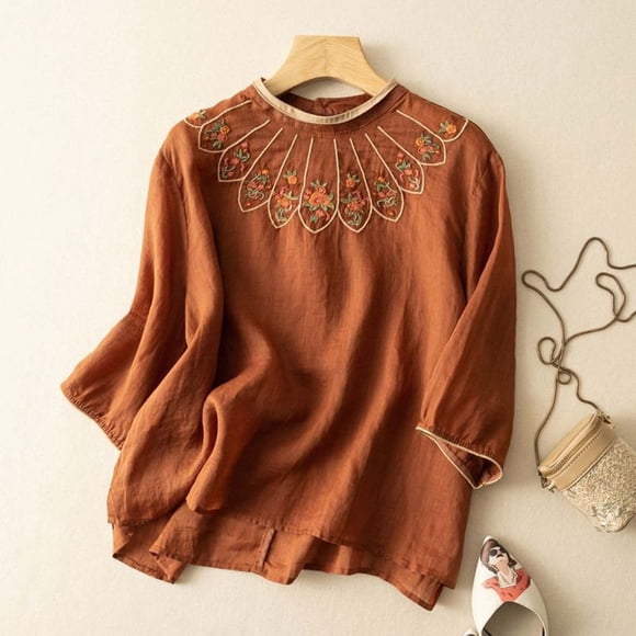 HUITKMM linen tops for women Women's Ethnic Style Linen Embroidered TopLoose Fit Vintage Clothing