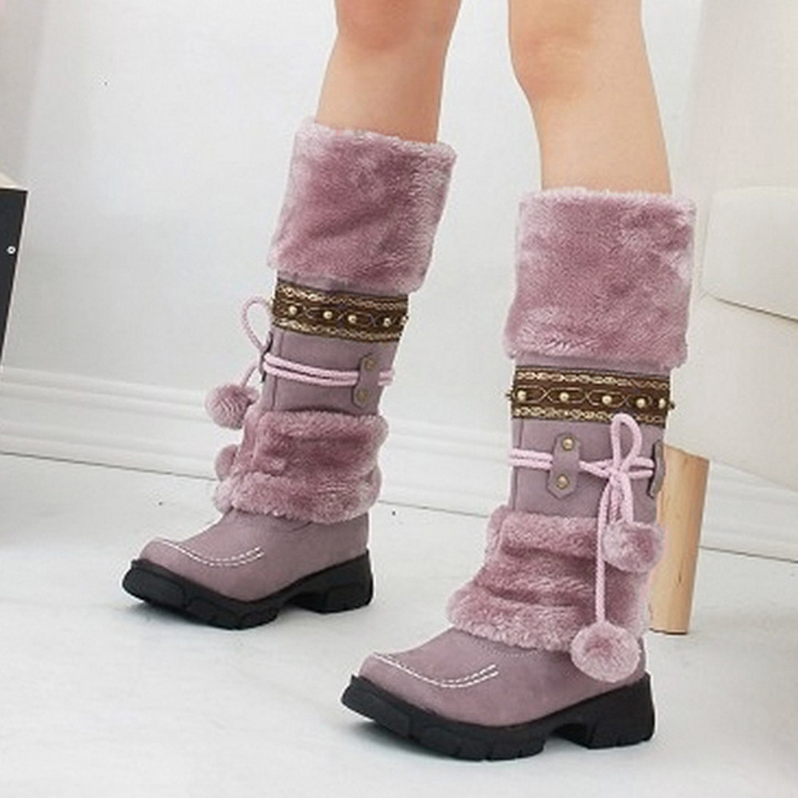 YOUSNH Chaud à Bout Haut Neige Talons Ronds Rétro Garder Milieu Chaussures Boule de Poils Bottillons à Enfiler Femmes Bottes pour Femmes Bottes Femmes Violet 8