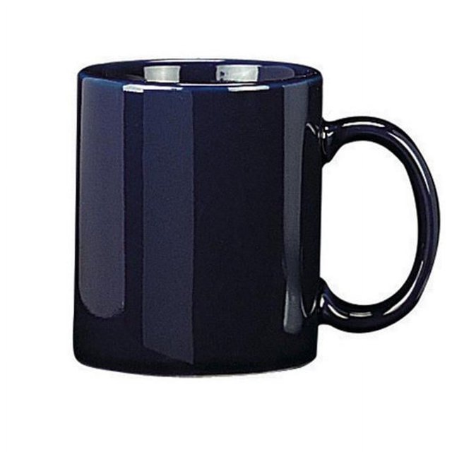 Harolds Kitchen 90008 12 oz Ceramic Mug in cobalt blue, shown in a pack of 6. The mug features a smooth, glossy finish with a sturdy handle, ideal for coffee, tea, soup, or mocha. Dimensions are 3.5 inches high, 3 inches wide, and 3.5 inches long. Microwave and dishwasher safe.